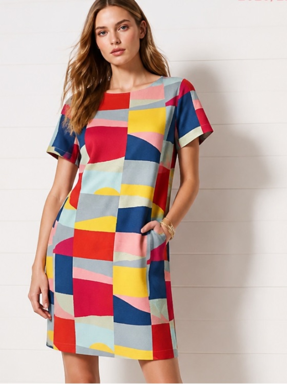 TORY BURCH Dress Kimberly Tee Shirt Shift Red Canyon Blue Yellow Pima Cotton